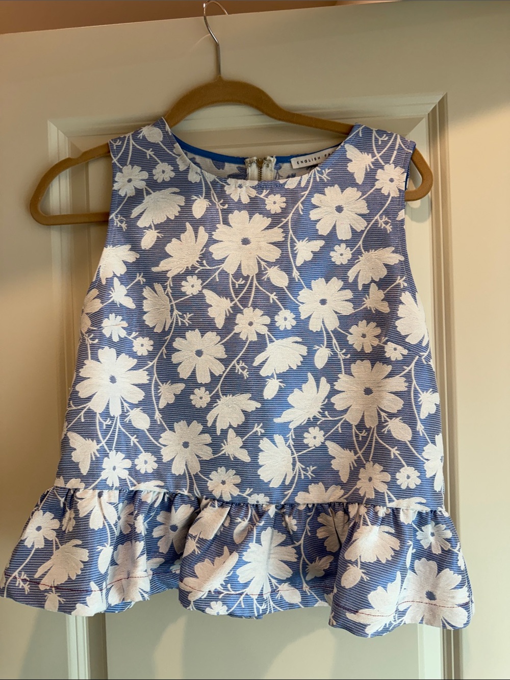English Factory Blue Floral Ruffle Hem Top